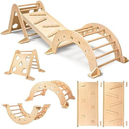 SPARK & WOW Wooden Montessori Climbing Set 3-Pieces, natural wooden climbing equipment for children including a slide, climbing arch, and rock wall panels.