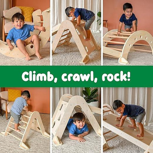 SPARK & WOW Wooden Montessori Climbing Set 3-Pieces, children playing and climbing on wooden gym equipment