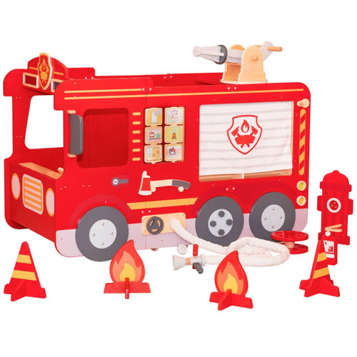 SPARK & WOW Super Fire Engine Playhouse, red fire truck-themed kids playhouse with firefighting accessories including a water hose, fire alarm, and traffic cones, designed for imaginative play.