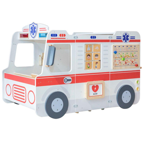 SPARK & WOW Super Ambulance Play House, colorful children's play house designed as an ambulance with medical equipment details and windows.