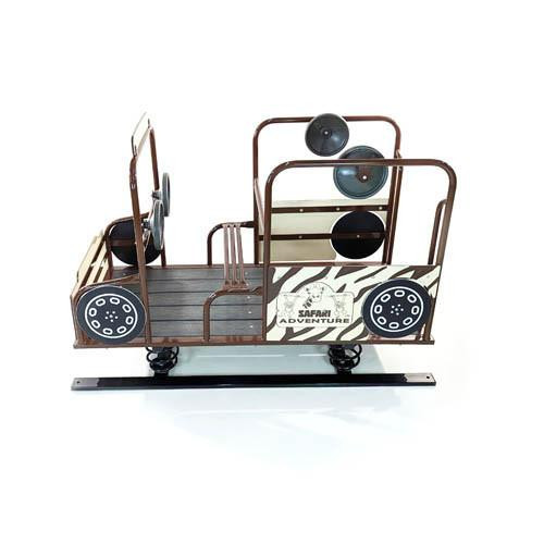 Playtime Playground Equipment Safari Truck Spring Rider, playground ride-on vehicle designed to resemble a safari truck with safety seats, steering wheel, and spring-based base for children to enjoy outdoor play.