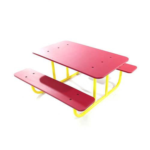 Playtime Playground Equipment Preschool Size Picnic Table, colorful children's picnic table with red tabletop, two red benches, and yellow metal frame for preschool kids.
