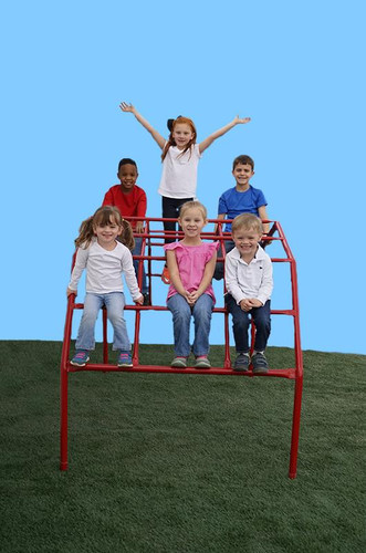 Playtime Playground Equipment Rainbow Climber, children playing and smiling on a colorful outdoor climbing structure against a clear blue sky.