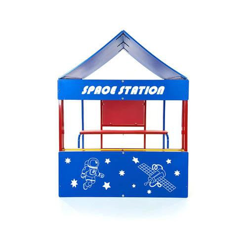 Playtime Playground Equipment Space Outdoor Play House, colorful outdoor playhouse with space-themed decorations and a roof labeled 'SPACE STATION' for children's play area.