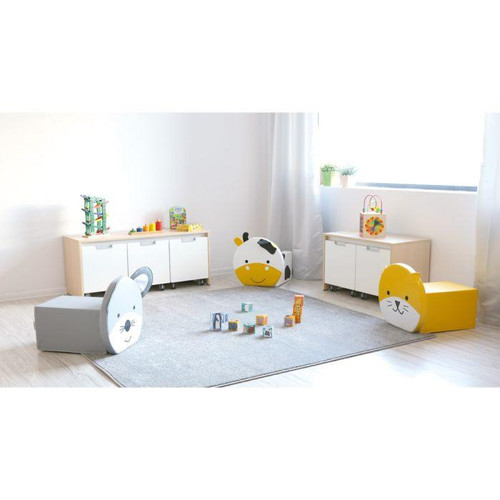 Moje Bambino Animal Friends Soft Seating, playful animal-shaped children's seating with cow, mouse, and cat designs in a bright, modern playroom setting.