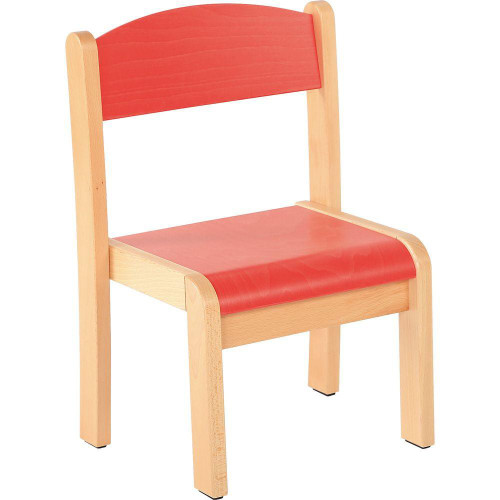 Moje Bambino Stackable Children's Wood Chairs, colorful wooden children's chair with red seat and backrest with natural wood frame.