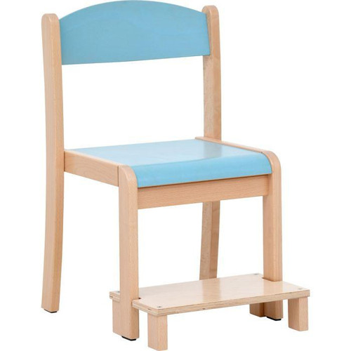 Moje Bambino Footrest for Stackable Children's Wood Chairs, light wood footrest attached to a children's chair with a blue backrest and seat