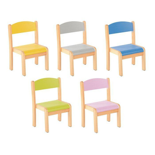 Moje Bambino Stackable Children's Pastel Wooden Chairs, colorful children's chairs with pastel yellow, gray, blue, green, and pink painted seats and backs, suitable for kids' rooms or play areas.