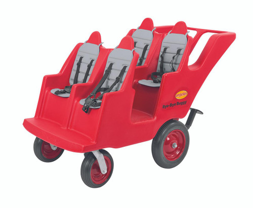 Angeles BYE BYE BUGGY 4 Passenger Stroller Never Flat Fat Tire Red/Gray, a durable red and gray ride-on toy with four seats, safety harnesses, and flat-proof tires for children.