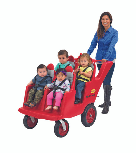 Angeles 4 Passenger BYE BYE BUGGY Never Flat Fat Tire Red Gray, a red and gray four-passenger stroller with three children seated and a woman standing behind it, smiling.