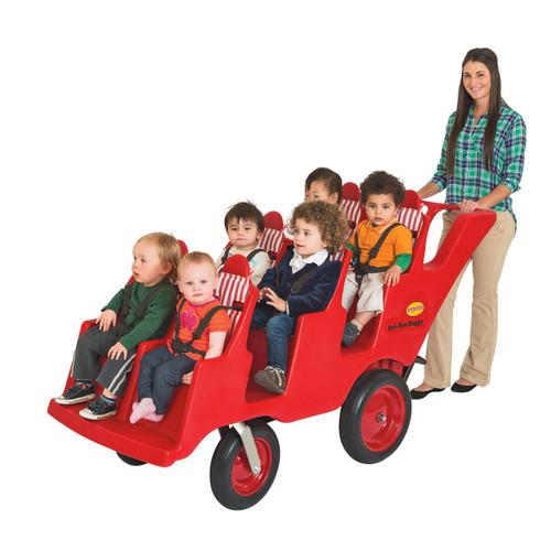 Product Angeles 6 Passenger BYE BYE BUGGY Never Flat Fat Tire Red Stripes, a red utility wagon with six children and a caregiver riding.