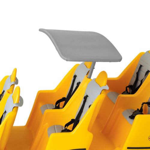 Angeles BYE BYE BUGGY Gray Canopy, child stroller with gray sun canopy and yellow plastic seats with safety harnesses.