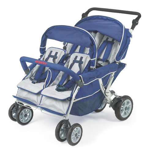 Angeles SureStop BYE-BYE Folding Commercial Stroller 4 Passenger, blue and white double stroller with four seats, adjustable canopy, safety harnesses, and large wheels for easy maneuverability.