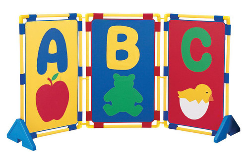 Children's Factory ABC Play Panel Set, colorful educational toy with alphabet letters and images of an apple, teddy bear, and chick.