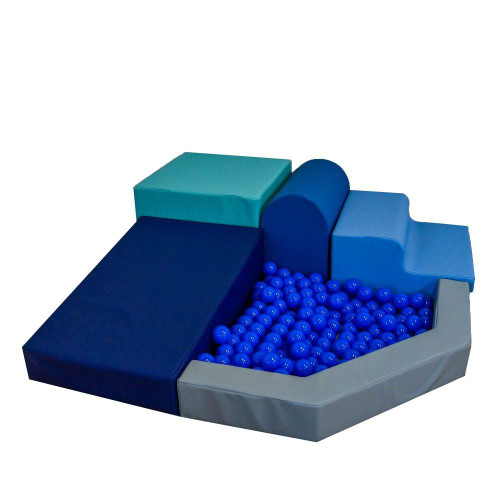 Children's Factory Mikayla's Mini Mountain Tranquility Soft Play Ball Pit, soft padded play area with multi-colored sections and a ball-filled enclosure for kids' play and sensory development.