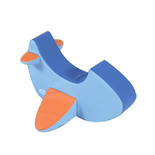 Children's Factory Rocking Airplane Soft Play Ride On Toy, blue and orange airplane-shaped children's rocking toy with a curved seat and wing details.