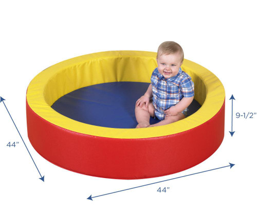 Children's Factory Toddler Hollow Ball Pool - Rainbow, colorful round ball pit with yellow border and blue base, featuring a smiling toddler sitting inside, ideal for indoor play and sensory activities.