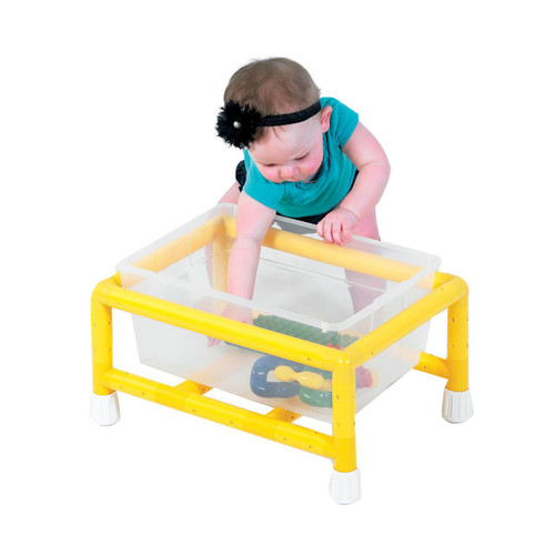 Children's Factory Mini Discovery Sensory Table, young girl exploring water sensory play with toys in a transparent plastic table.