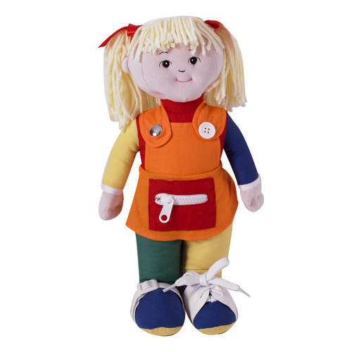 Children's Factory Learn to Dress - Caucasian Girl, plush educational doll dressed in colorful outfit with a red apron and holding a mini zipper, designed to teach children dressing skills.