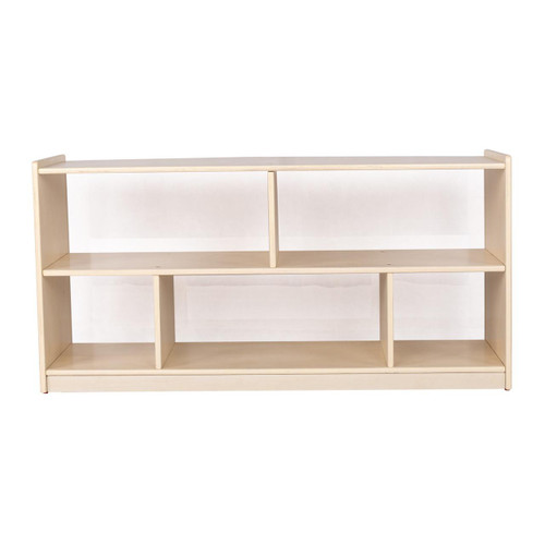 Angeles Mobile 24'H Toddler Storage Unit with Clear Back, Assembled wooden storage unit with multiple open compartments for toddler organization.