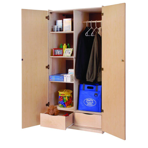 Angeles Teacher's Locking Storage Cabinet, wooden storage cabinet with open doors showing shelves and hanging space for clothes and belongings.