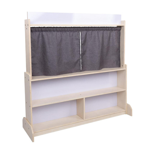 Angeles Puppet Theatre with Dry Erase Board - Assembled, wooden puppet theatre with fabric curtains and white dry erase board top display.