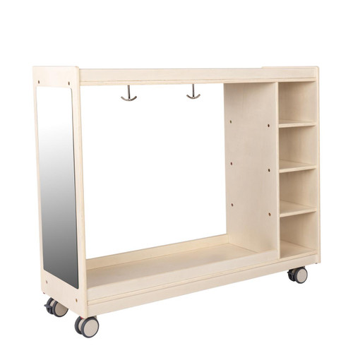 Angeles Mobile Dress Up Storage with Mirrors - Assembled, wooden dress up storage unit with a mirror on one side, built-in shelves, a hanging rod, and caster wheels for mobility.