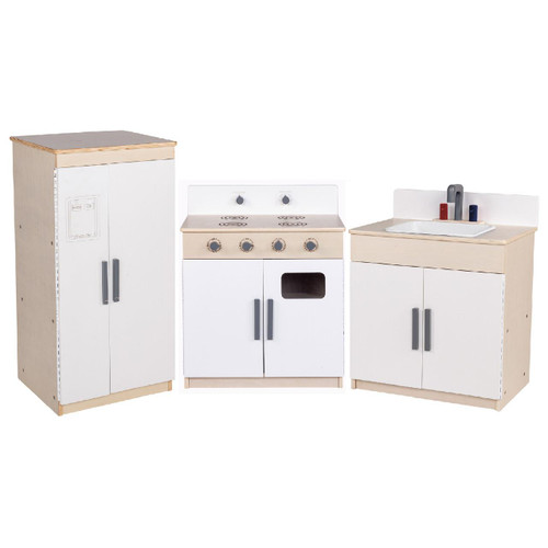 Angeles Play Kitchen Set 3-Pieces, assembled wooden toy kitchen with sink, stove, and cabinet.