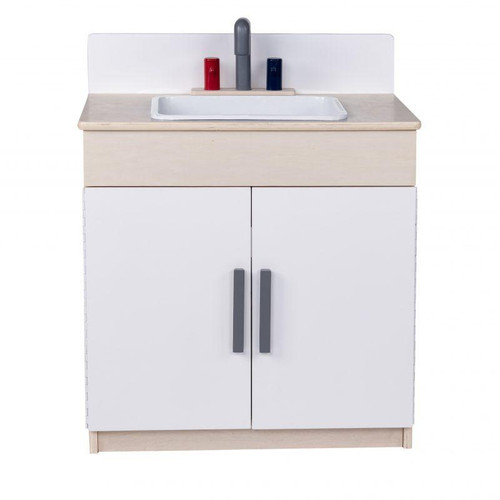 Angeles White Play Sink - Assembled, small white play sink with a beige countertop, gray faucet, and two gray handles, ideal for children's play areas.