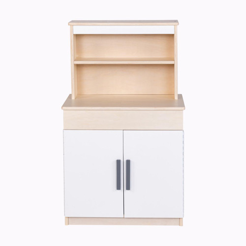 Angeles White Play Hutch - Assembled, wooden children's storage cabinet with open shelving on top and double doors below for additional storage.