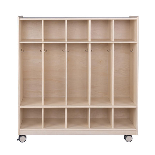 Angeles Mobile 5-Section Locker with Shoe Storage - Assembled, wooden locker with multiple compartments, hooks, and small shelves, on wheels for easy mobility.