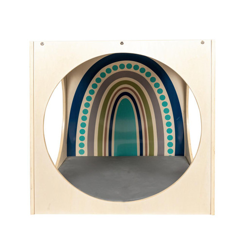 Angeles Tranquility Reading Cube - RTA, a wooden reading nook with a circular opening and colorful rainbow pattern interior.