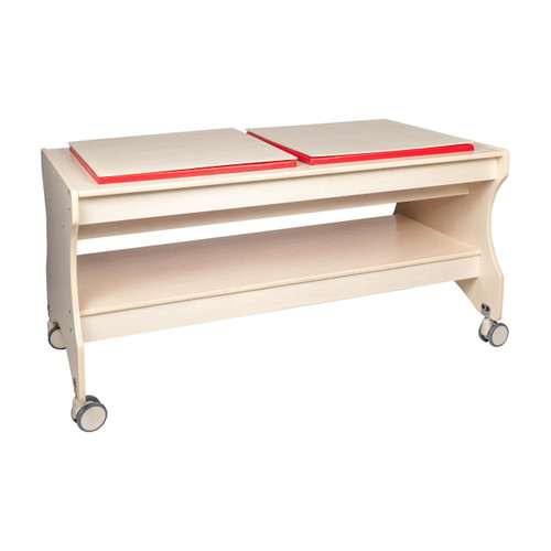 Angeles Mobile Sand and Water Table - RTA, portable white wooden table with two red-margined tabletops and a lower shelf, equipped with caster wheels for easy mobility.