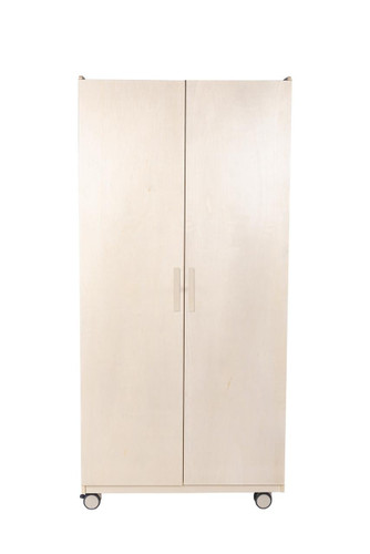 Angeles Mobile Teacher's Locking Storage Cabinet - RTA, a tall, cream-colored wooden storage cabinet on wheels with two doors and handles.