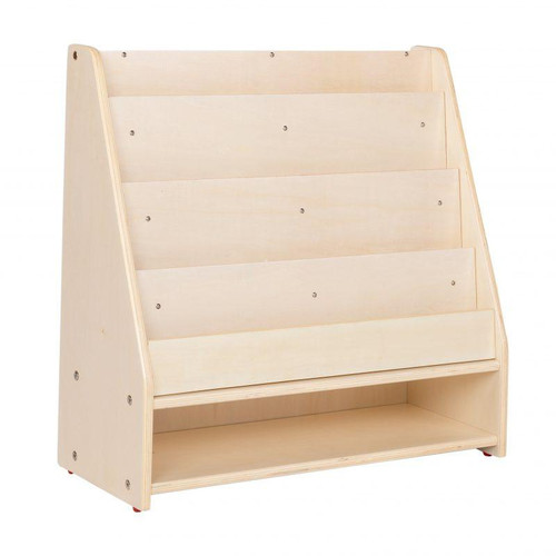 Angeles Mobile 4-Shelf Book Display with Storage - RTA, wooden book display unit with four shelves and storage compartment at the bottom, ideal for libraries, bookstores, or educational settings.