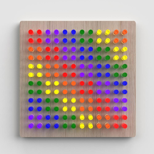 LiteZilla Mini LED Light Wall, colorful modular LED light panel on light wood background.