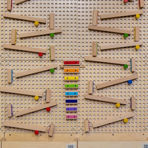 LiteZilla Kidworx Melody Magic Xylophone Wall Marble Run, colorful wooden toy with a wall-mounted marble run and xylophone, educational musical playset for children.