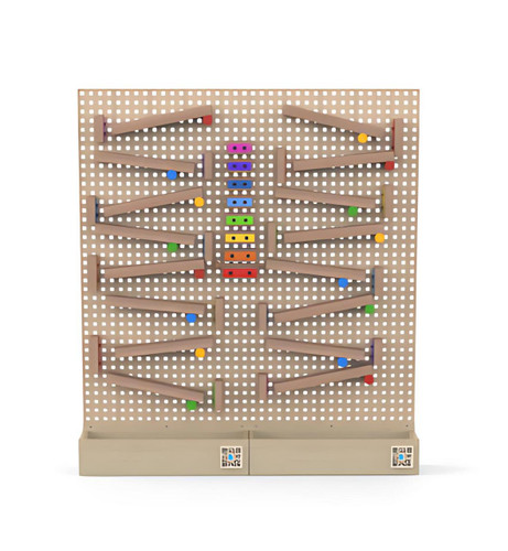 LiteZilla KidWorx™ Melody Magic Xylophone Wall Marble Run, colorful wooden marble track and xylophone in a beige pegboard display.