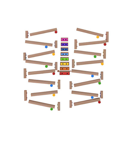 LiteZilla KidWorx™ Melody Magic Xylophone Wall Marble Run, colorful wooden xylophone with multicolored keys and attached marble tracks for kids' musical and motor skill development.