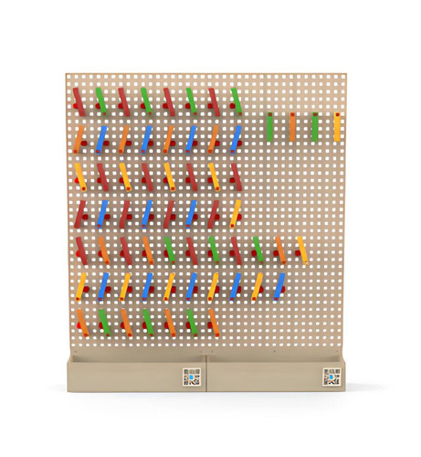 LiteZilla KidWorx™ Instant Reset Domino Dash Wall Activity, colorful wooden dominoes arranged on a pegboard for children to set up and knock down.