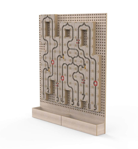 LiteZilla Kidworx Magnet Maze Marble Run Builder, wooden marble maze game with interconnected tracks, numbered slots, magnetic marbles, and a pegboard backing for creative assembly.