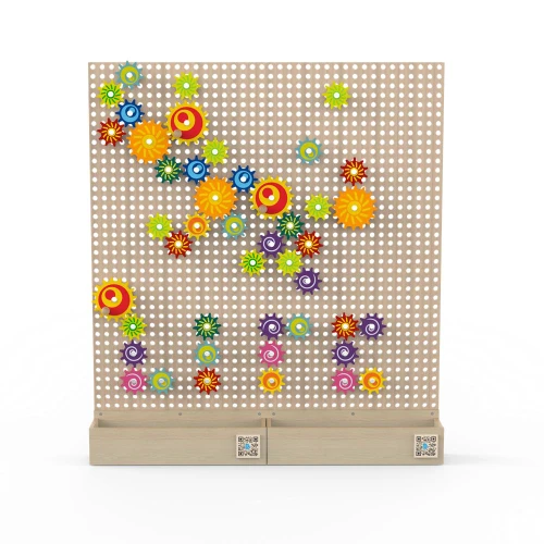 LiteZilla Kidworx™ Gizmo Gears STEM Wall Activity, colorful interlocking gears arranged on a perforated wall for educational and creative play.