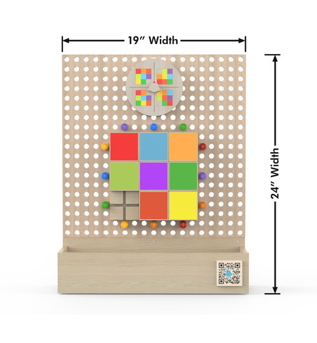 LiteZilla Kidworx™ Grid Glider Tile Challenge Wall Game, wooden pegboard with colorful tiles, sliders, and a circular puzzle piece at the top, measuring 19 inches in width and 24 inches in height.