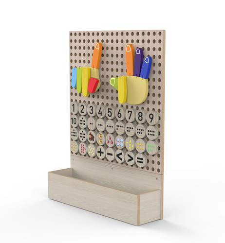 LiteZilla Kidworx Math Medley Wall Games Package, educational wooden wall game with colorful geometric and number elements for kids learning math.
