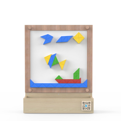 LiteZilla KidWorx™ Magnetic Mosaics Activity Wall Toy, wooden magnetic activity board displaying colorful geometric mosaic shapes and a boat design, with storage tray below