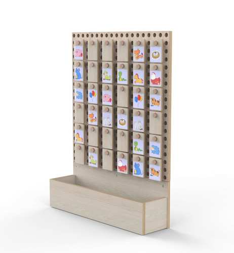 LiteZilla Kidworx Memory Match Up Wall Game Package, a wooden wall game with matching pairs of colorful animal cards and a storage bin at the bottom.