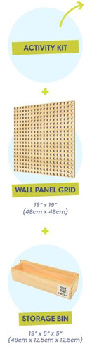 LiteZilla Kidworx Patchwork Patternmakers Wall Games Package, includes a wall panel grid and storage bin for children's educational and creative activities.