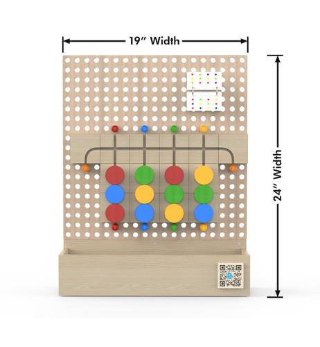 LiteZilla Kidworx™ Rainbow Rush Disc Challenge Wall Activity, wooden pegboard with colorful discs and a challenge slide, designed for children's play and skill development.