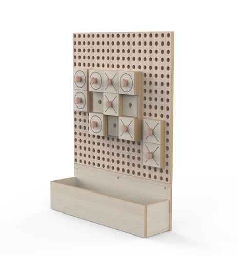 LiteZilla Kidworx Classic Games Wall Activity Package, wooden pegboard with tic-tac-toe and other classic game elements for kids.
