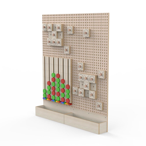 LiteZilla Kidworx Classic Games Wall Activity Package, educational wooden game board with pegs, balls, and tic-tac-toe grid.